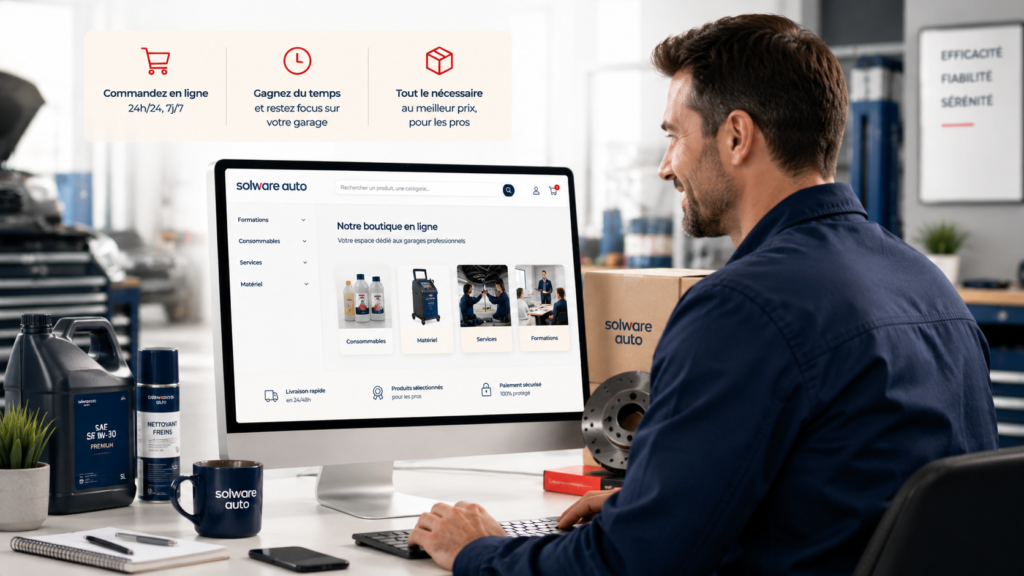 gérant de garage automobile qui commande en ligne sur la boutique en ligne de solware auto