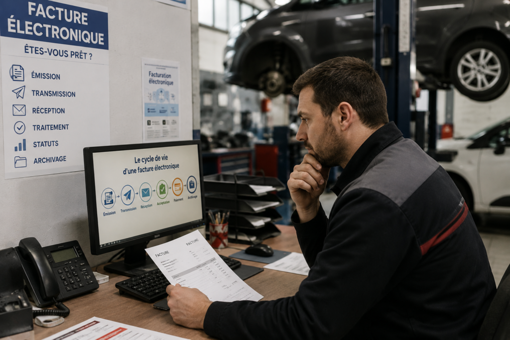 gérant de garage qui essaye de comprendre le cycle de vie de la facture électronique