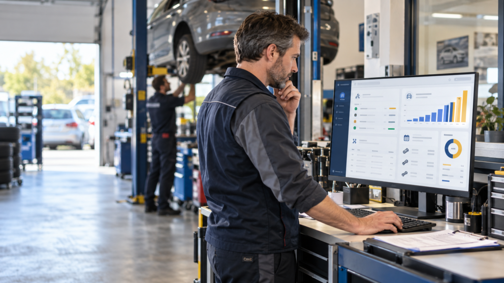 Responsable de garage consultant les indicateurs de marge brute sur son logiciel de gestion d’atelier