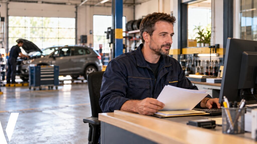 Gérant de garage consultant un dossier d’immatriculation, habilitation SIV sur son ordinateur, dans son atelier automobile